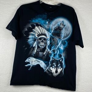 Mens Skull Headdress Howling Wolf Graphic T-Shirt Black Blue Flame Moon Large